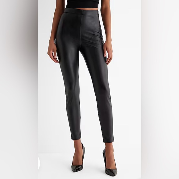 Express Super High Waisted Faux Black Leather Leggings, Size Large #26 - Picture 1 of 5